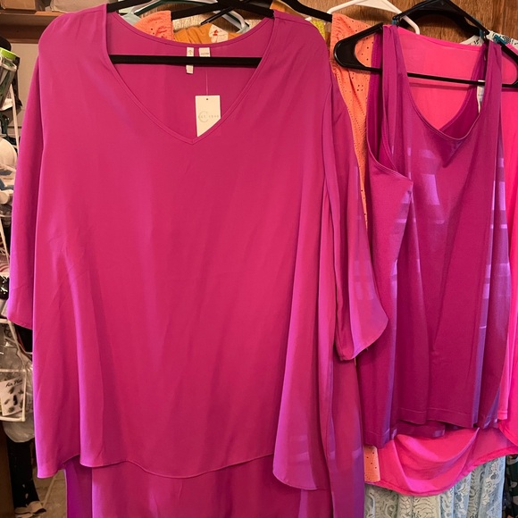 C Tops - C Women's Magenta V-Neck Blouse 2 pc. Sheer and tank.